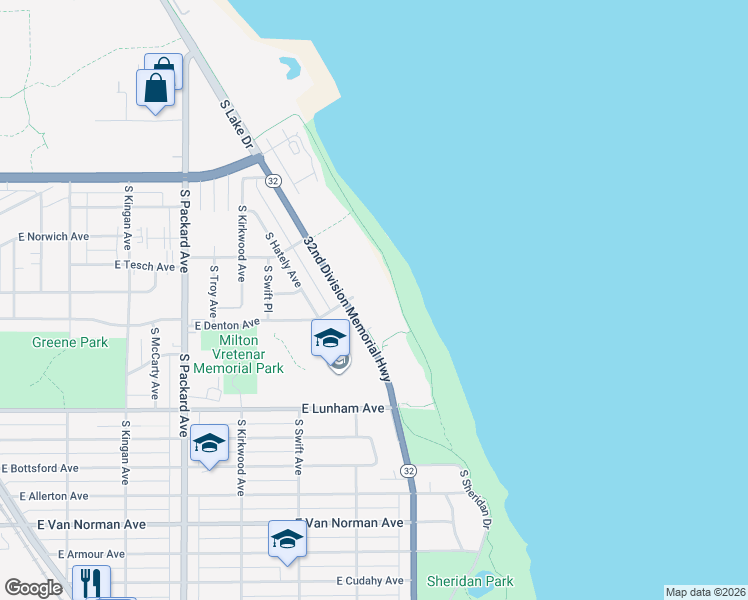 map of restaurants, bars, coffee shops, grocery stores, and more near 4100 South Lake Drive in Saint Francis
