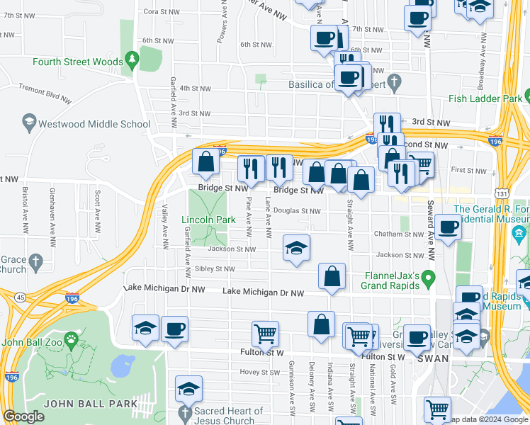 map of restaurants, bars, coffee shops, grocery stores, and more near 1002 Douglas Street Northwest in Grand Rapids