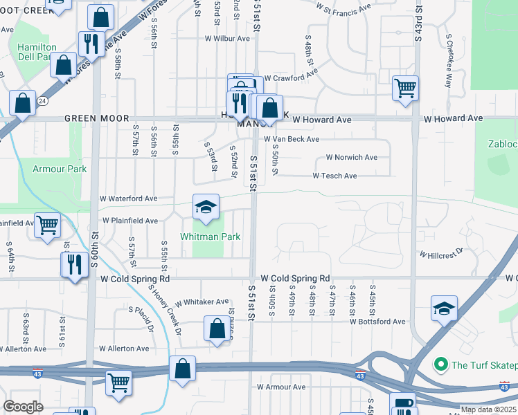 map of restaurants, bars, coffee shops, grocery stores, and more near 4100 South 51st Street in Milwaukee