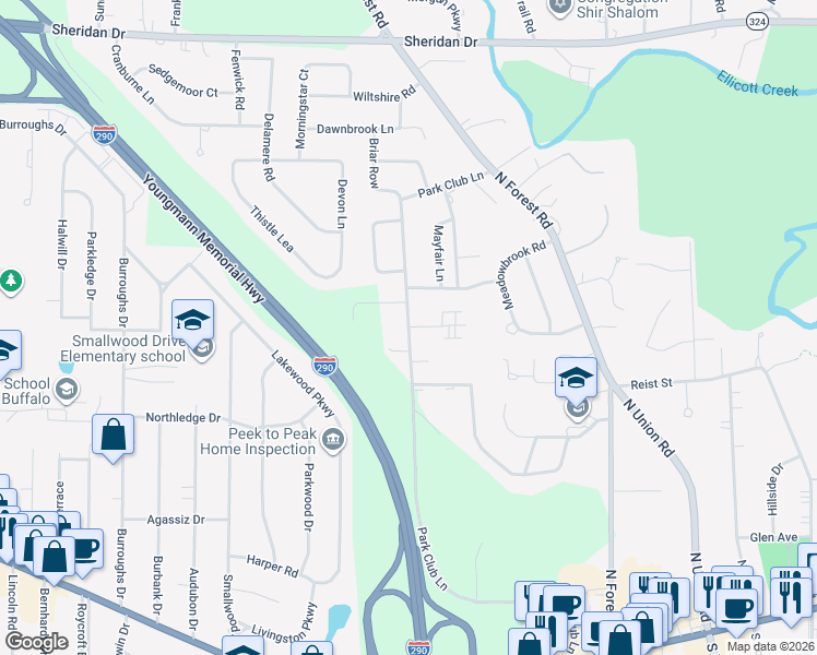 map of restaurants, bars, coffee shops, grocery stores, and more near Park Club Ln & Park Ln Ct in Buffalo