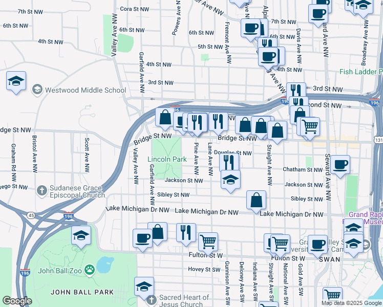 map of restaurants, bars, coffee shops, grocery stores, and more near 346 Pine Avenue Northwest in Grand Rapids