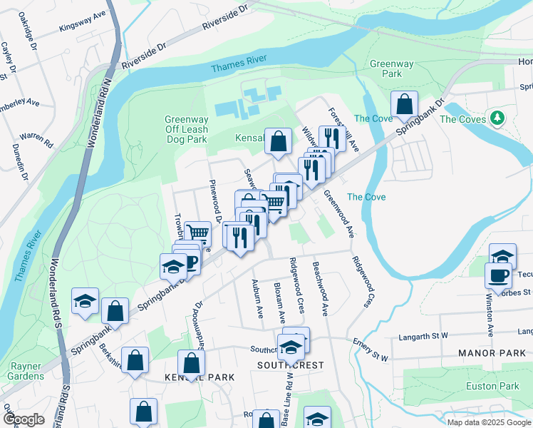 map of restaurants, bars, coffee shops, grocery stores, and more near 357 Springbank Drive in London