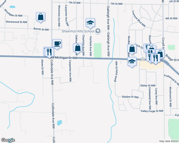 map of restaurants, bars, coffee shops, grocery stores, and more near 2520 Lake Michigan Drive Northwest in Grand Rapids