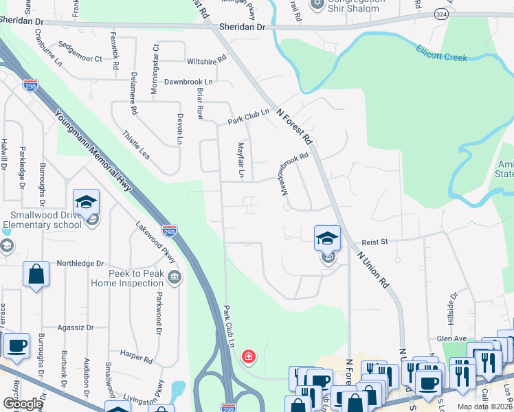 map of restaurants, bars, coffee shops, grocery stores, and more near 34 Woodlee Road in Buffalo