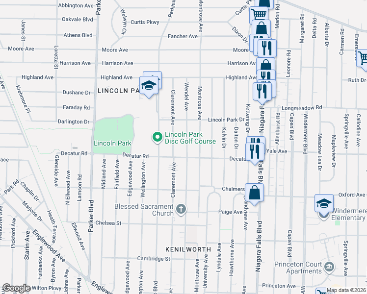 map of restaurants, bars, coffee shops, grocery stores, and more near 443 Wendel Avenue in Buffalo