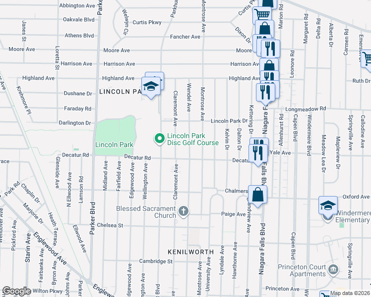 map of restaurants, bars, coffee shops, grocery stores, and more near 443 Wendel Avenue in Buffalo