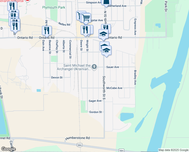 map of restaurants, bars, coffee shops, grocery stores, and more near 434 David Street in Welland