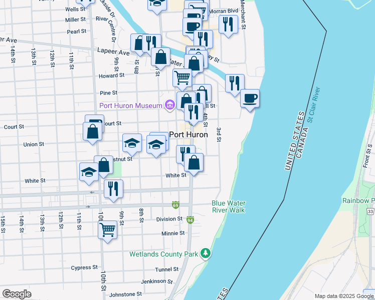 map of restaurants, bars, coffee shops, grocery stores, and more near in Port Huron