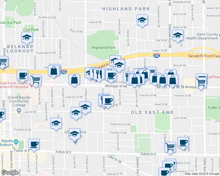 map of restaurants, bars, coffee shops, grocery stores, and more near 637 Michigan Street Northeast in Grand Rapids