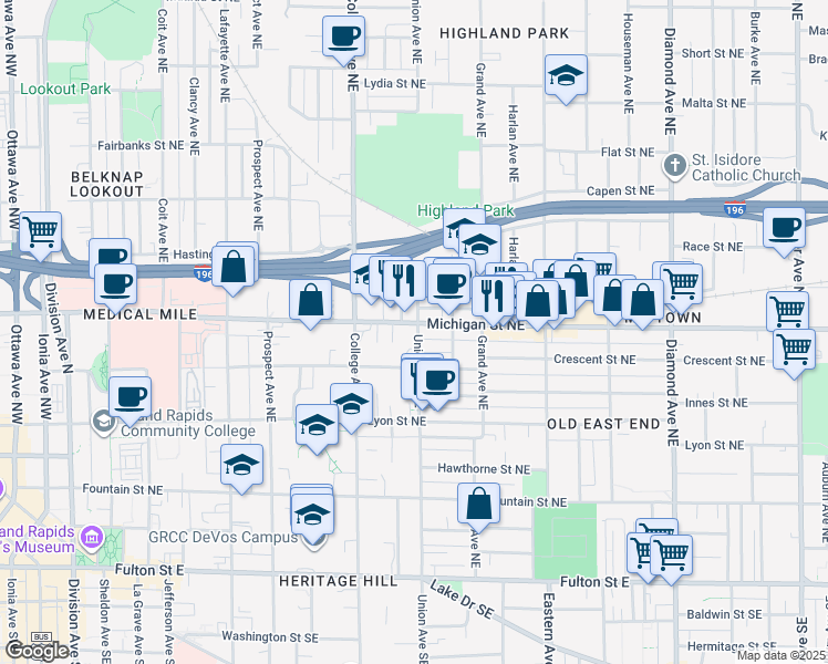 map of restaurants, bars, coffee shops, grocery stores, and more near 430 Union Avenue Northeast in Grand Rapids
