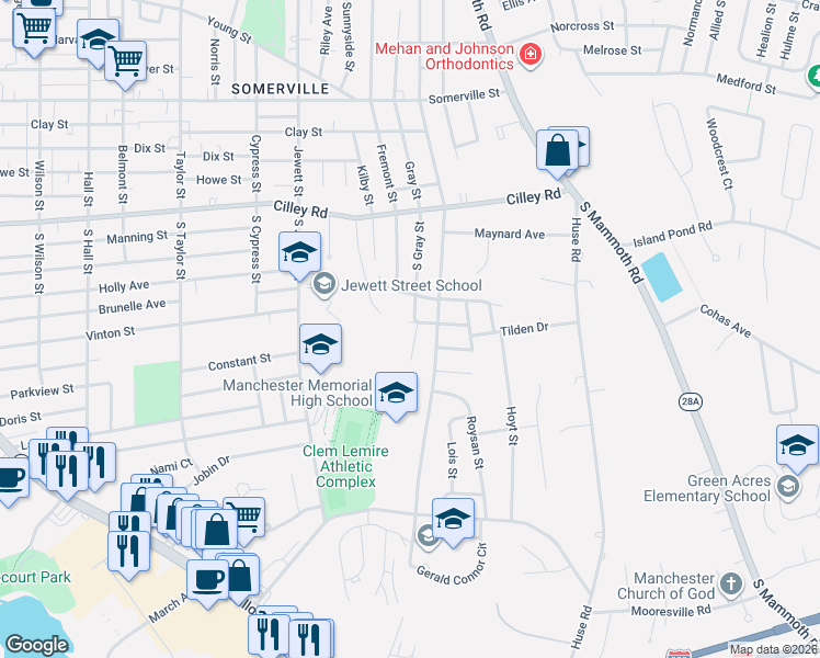 map of restaurants, bars, coffee shops, grocery stores, and more near 170 Leewood Street in Manchester