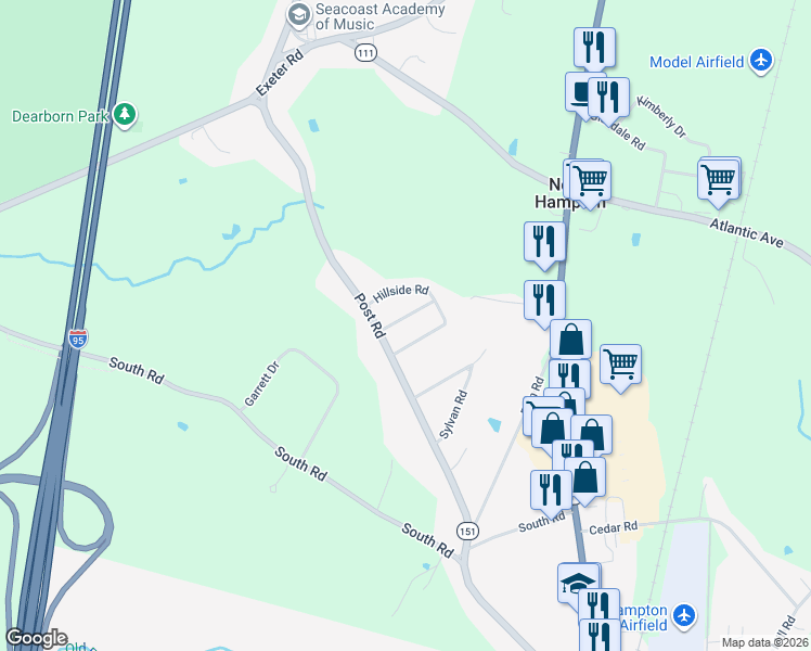 map of restaurants, bars, coffee shops, grocery stores, and more near 5 Hillside Road in North Hampton