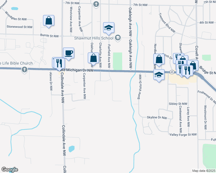 map of restaurants, bars, coffee shops, grocery stores, and more near 2520 Lake Michigan Drive Northwest in Grand Rapids