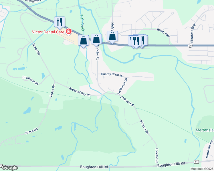 map of restaurants, bars, coffee shops, grocery stores, and more near 6465 Sunray Crest Drive in Victor