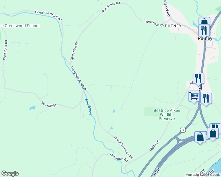 map of restaurants, bars, coffee shops, grocery stores, and more near 135 Fred Houghton Road in Putney