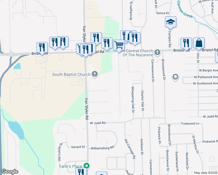map of restaurants, bars, coffee shops, grocery stores, and more near 1446 Mark Street in Flint