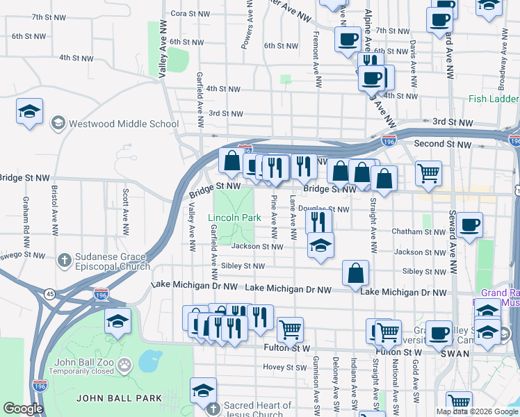 map of restaurants, bars, coffee shops, grocery stores, and more near 346 Marion Avenue Northwest in Grand Rapids