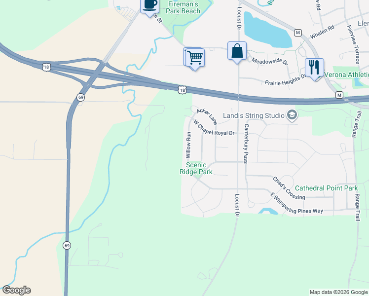 map of restaurants, bars, coffee shops, grocery stores, and more near 1140 Willow Run in Verona