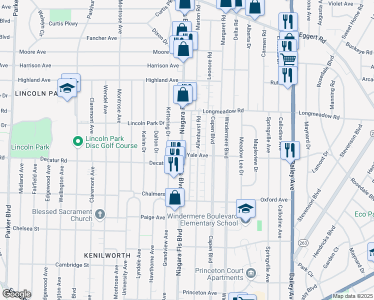map of restaurants, bars, coffee shops, grocery stores, and more near 599 Niagara Falls Boulevard in Buffalo