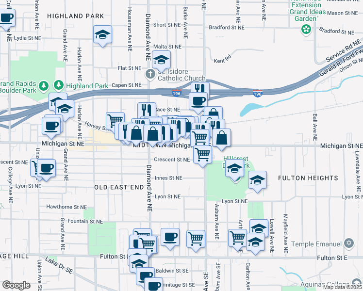 map of restaurants, bars, coffee shops, grocery stores, and more near 1068 Michigan Street Northeast in Grand Rapids