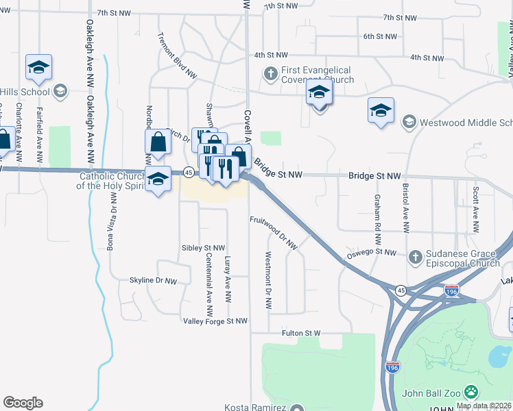 map of restaurants, bars, coffee shops, grocery stores, and more near 1934 Lake Michigan Drive Northwest in Grand Rapids