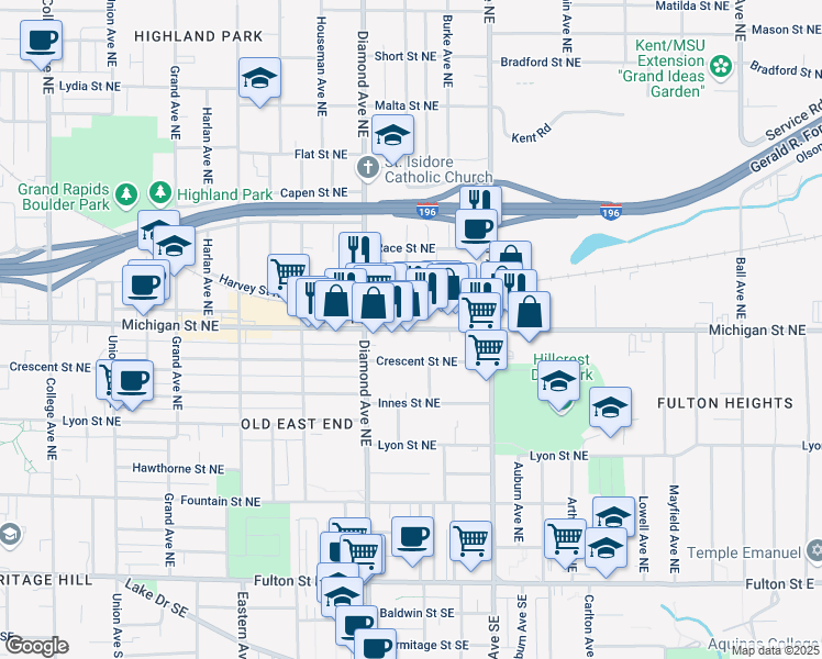 map of restaurants, bars, coffee shops, grocery stores, and more near 1044 Michigan Street Northeast in Grand Rapids