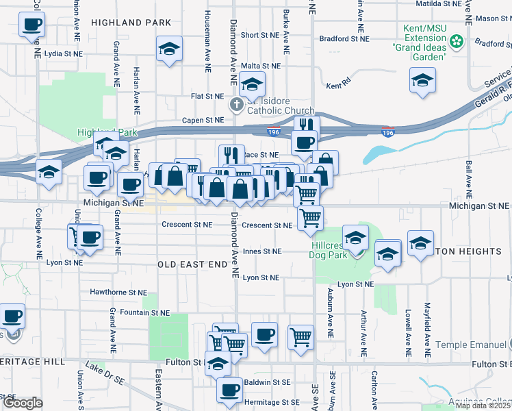 map of restaurants, bars, coffee shops, grocery stores, and more near 1026 Michigan Street Northeast in Grand Rapids