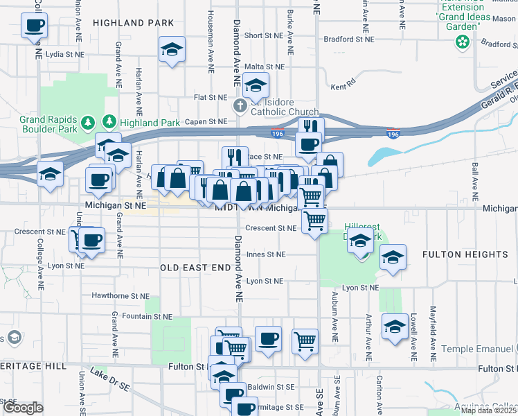 map of restaurants, bars, coffee shops, grocery stores, and more near 1024 Michigan Street Northeast in Grand Rapids