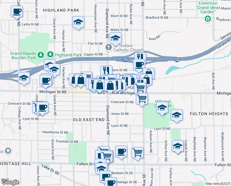 map of restaurants, bars, coffee shops, grocery stores, and more near 1016 Michigan Street Northeast in Grand Rapids
