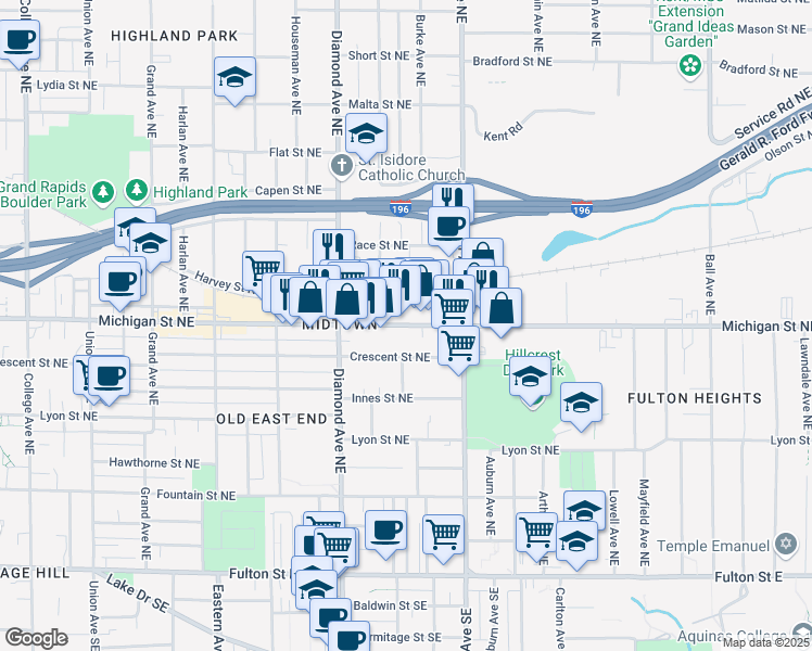 map of restaurants, bars, coffee shops, grocery stores, and more near 1091 Michigan Street Northeast in Grand Rapids