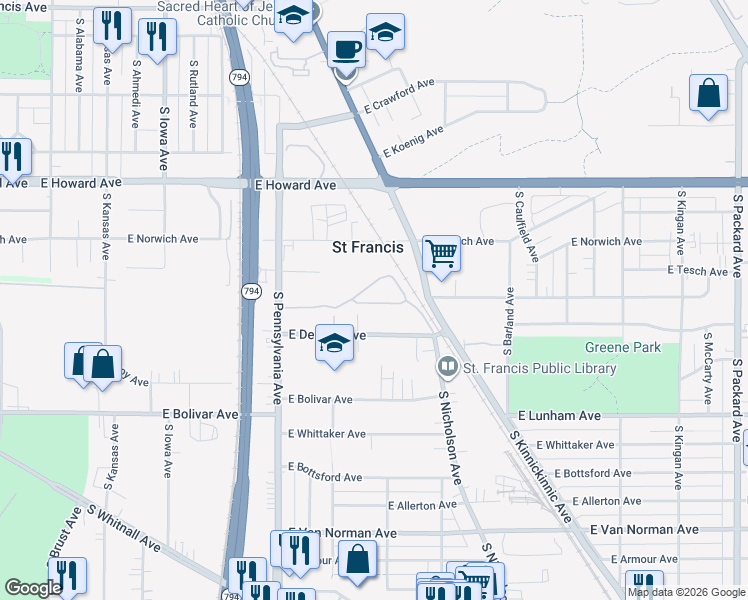 map of restaurants, bars, coffee shops, grocery stores, and more near 2668 Hidden Drive in Saint Francis