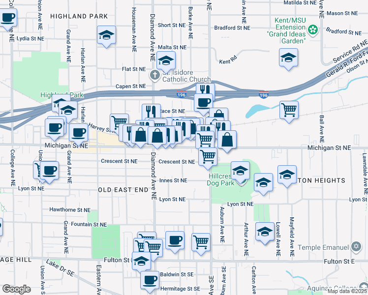 map of restaurants, bars, coffee shops, grocery stores, and more near 1087 Michigan Street Northeast in Grand Rapids