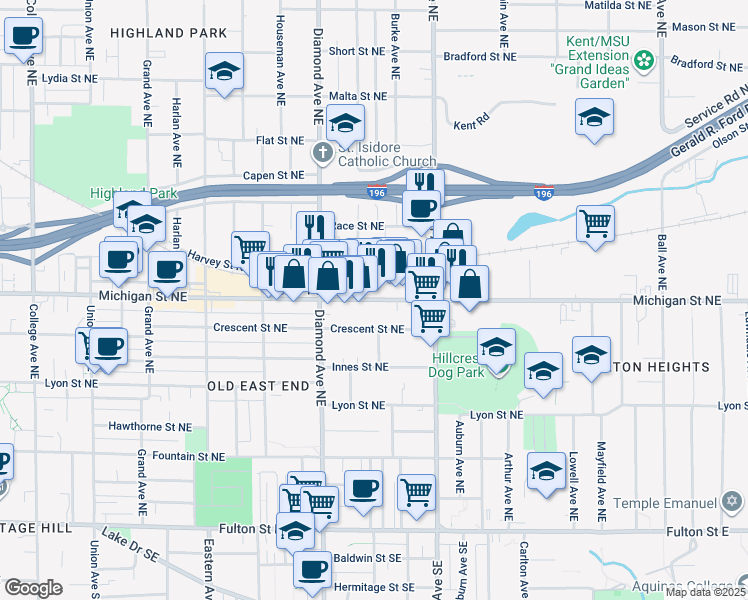 map of restaurants, bars, coffee shops, grocery stores, and more near 1053 Michigan Street Northeast in Grand Rapids