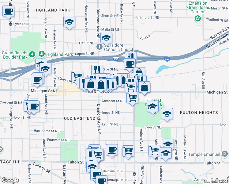 map of restaurants, bars, coffee shops, grocery stores, and more near 1068 Michigan Street Northeast in Grand Rapids