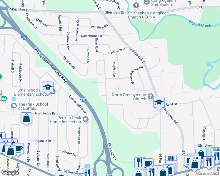 map of restaurants, bars, coffee shops, grocery stores, and more near 2 Park Lane Court in Buffalo