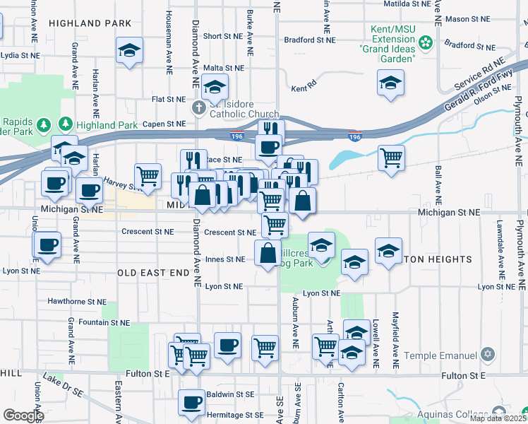 map of restaurants, bars, coffee shops, grocery stores, and more near 1093 Michigan Street Northeast in Grand Rapids