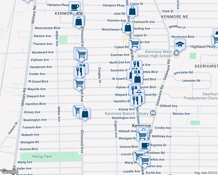 map of restaurants, bars, coffee shops, grocery stores, and more near 99 Palmer Avenue in Buffalo