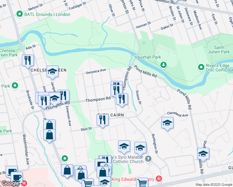 map of restaurants, bars, coffee shops, grocery stores, and more near 106 King Edward Avenue in London