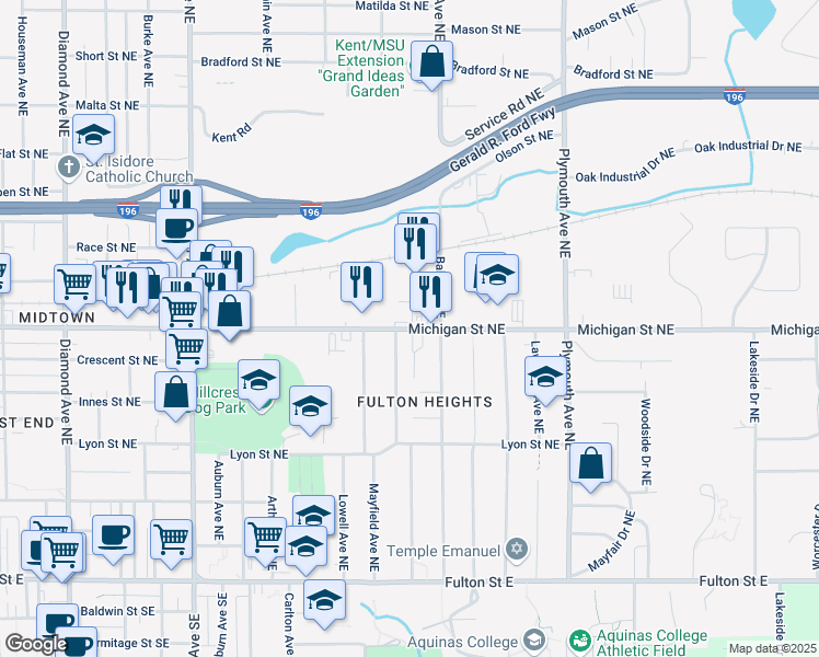 map of restaurants, bars, coffee shops, grocery stores, and more near 435 Ball Avenue Northeast in Grand Rapids