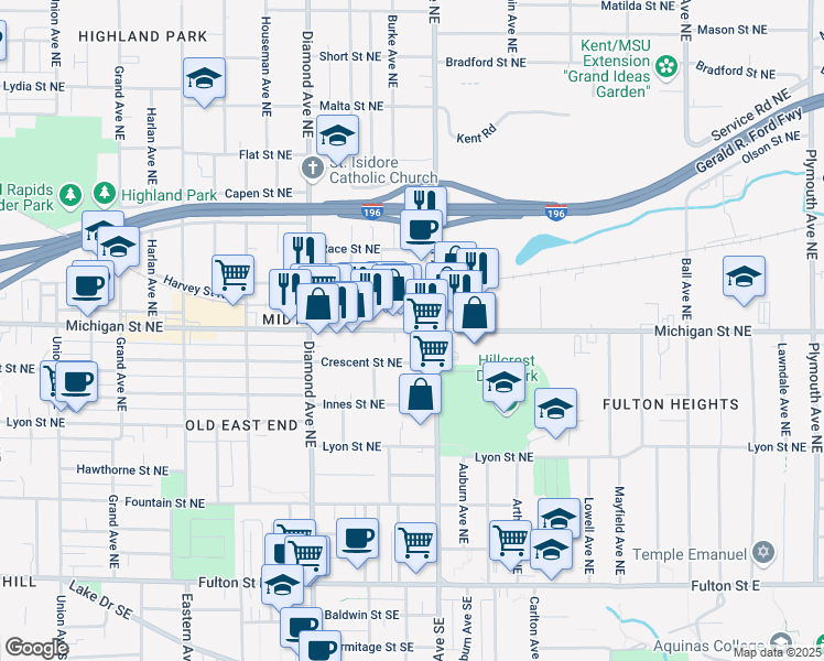 map of restaurants, bars, coffee shops, grocery stores, and more near 425 Fuller Ave NE in Grand Rapids