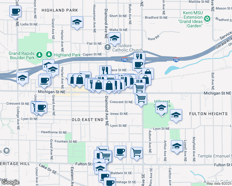 map of restaurants, bars, coffee shops, grocery stores, and more near in Grand Rapids