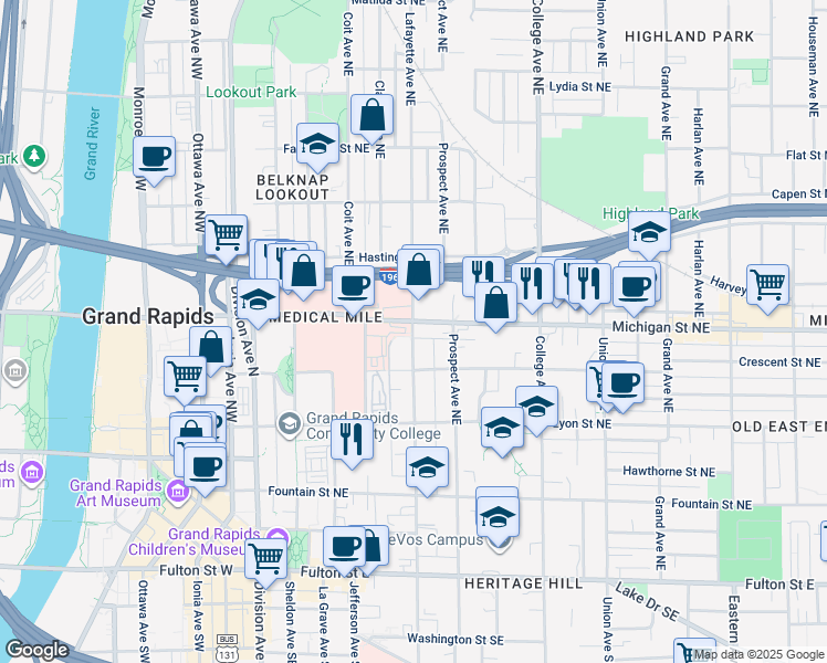 map of restaurants, bars, coffee shops, grocery stores, and more near in Grand Rapids