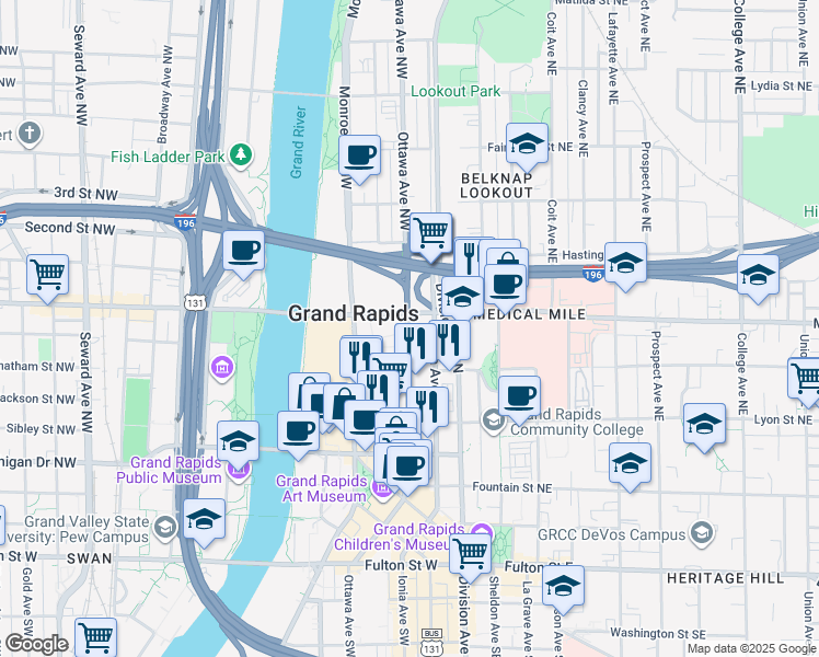 map of restaurants, bars, coffee shops, grocery stores, and more near in Grand Rapids