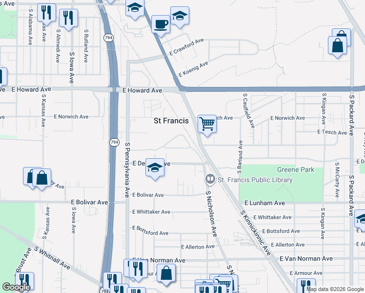 map of restaurants, bars, coffee shops, grocery stores, and more near 4045 South Kinnickinnic Avenue in Saint Francis