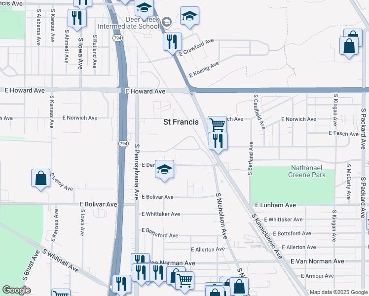 map of restaurants, bars, coffee shops, grocery stores, and more near 2668 Hidden Drive in Saint Francis