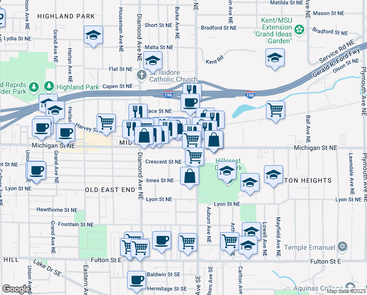 map of restaurants, bars, coffee shops, grocery stores, and more near 1087 Michigan Street Northeast in Grand Rapids