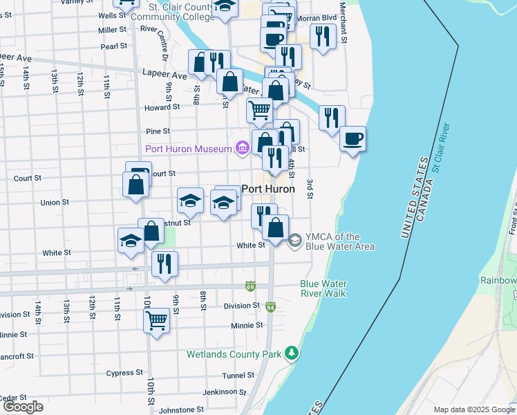 map of restaurants, bars, coffee shops, grocery stores, and more near in Port Huron