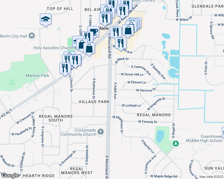 map of restaurants, bars, coffee shops, grocery stores, and more near 4040 South Moorland Road in New Berlin