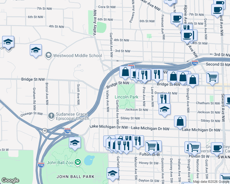 map of restaurants, bars, coffee shops, grocery stores, and more near in Grand Rapids