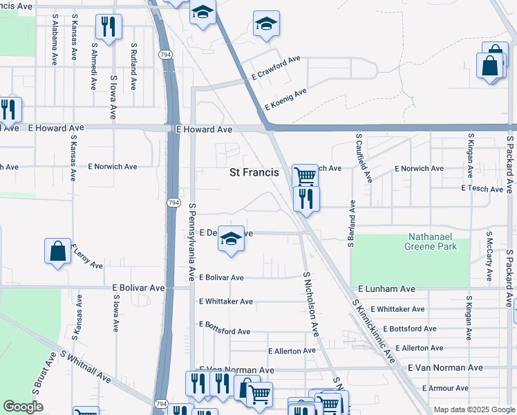map of restaurants, bars, coffee shops, grocery stores, and more near 2724 Hidden Drive in Saint Francis